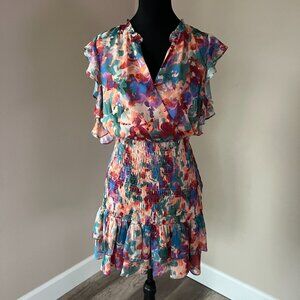 Socialite Surplice V-Neck Ruffle Flounce Dress Floral Watercolor Size Medium